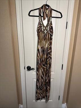 Ultra Pink Brown and Tan Halter Maxi with Beaded V-Neck